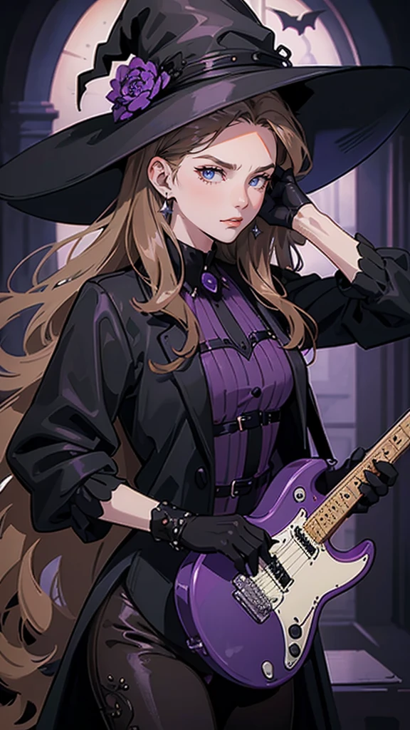 Older woman playing music, volumetric lighting, best shadows, long wavy brown hair, detailed brown eyes, long nose, angry, serious face, black lips, black makeup, small breast, (highest quality, amazing details:1.3), (solo:1.3), solo, masterpiece, colorful, (extremely detailed 8k CG) (Wearing：witch hat, vampire-like suit, black leather pants, black gloves, purple electric guitar) (Background：room)