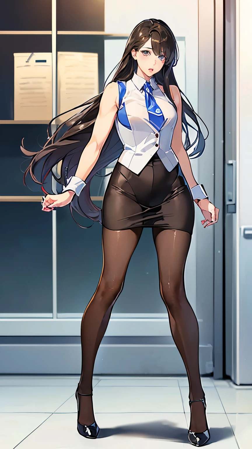 Facing forward、((((Medium Long Hair))、Straight Hair、(Right hand next to buttocks)、(Left hand next to buttocks),Arms are lowered、(manga:1.4),(full body:1.4),Uruchan-6500-v1.1, (RAW Photos:1.2), (Photorealistic), (Genuine:1.4), 1girl、Perfect ???????、28 years old、Looking at the cameraPlaid vest、、(Ultra-realistic pantyhose:1.2), (High heels)、(Business servicearunouchi Office Lady