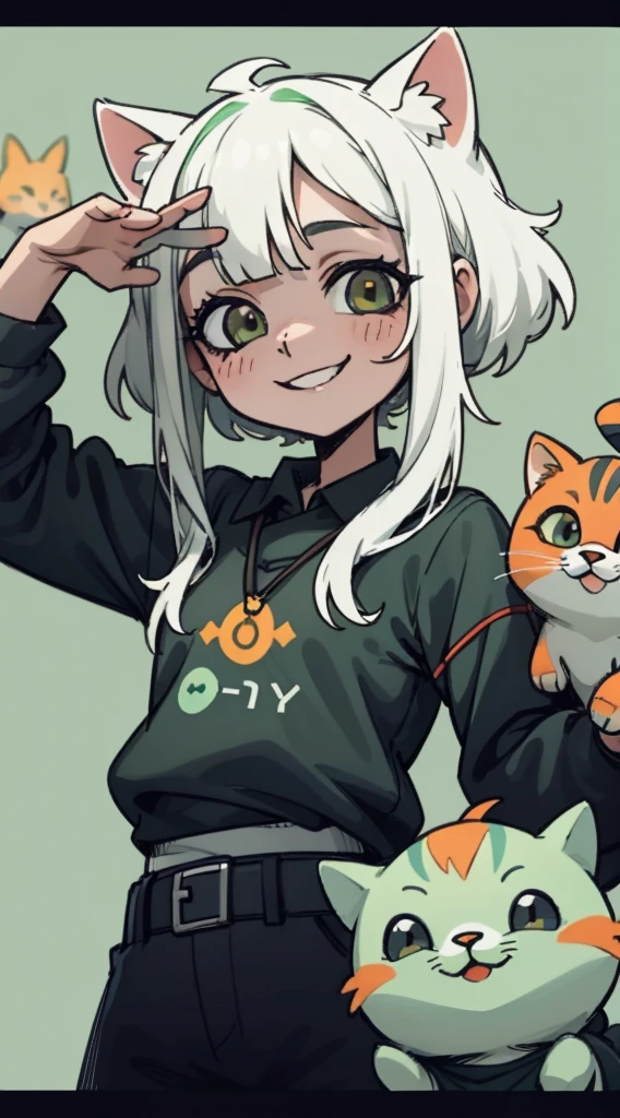 Timida, asustada, ojeras, fondo verde claro, sonrisa de gato , loli 