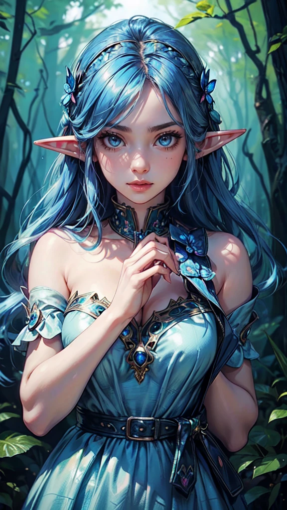 a women, blue butterfly, blue hair, pink eyes, blue dress, lights, detailed face, detailed eyes, detailed hands, colors, forest, elf woman, detailed face, detailed eyes,detailed hands