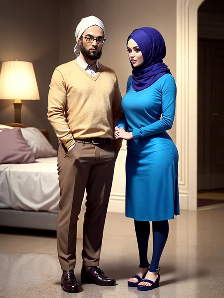 3d caricature, in an elegant room with beautifully decorated walls, there stood two people celebrating a formal event.  The first person on the left is wearing a traditional blue patterned shirt and beige trousers, complete with brown shoes.  Meanwhile, the second person on the right is wearing a long blue dress with gold accents and a matching hijab, combined with brown sandals.  They stood side by side, showing a special celebratory atmosphere. Very realistic, extreme details, photography, UHD 8k