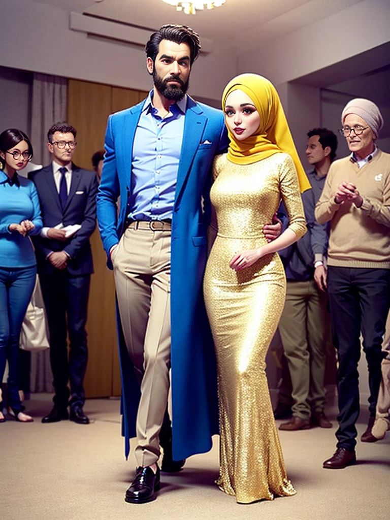 3d caricature, in an elegant room with beautifully decorated walls, there stood two people celebrating a formal event.  The first person on the left is wearing a traditional blue patterned shirt and beige trousers, complete with brown shoes.  Meanwhile, the second person on the right is wearing a long blue dress with gold accents and a matching hijab, combined with brown sandals.  They stood side by side, showing a special celebratory atmosphere. Very realistic, extreme details, photography, UHD 8k