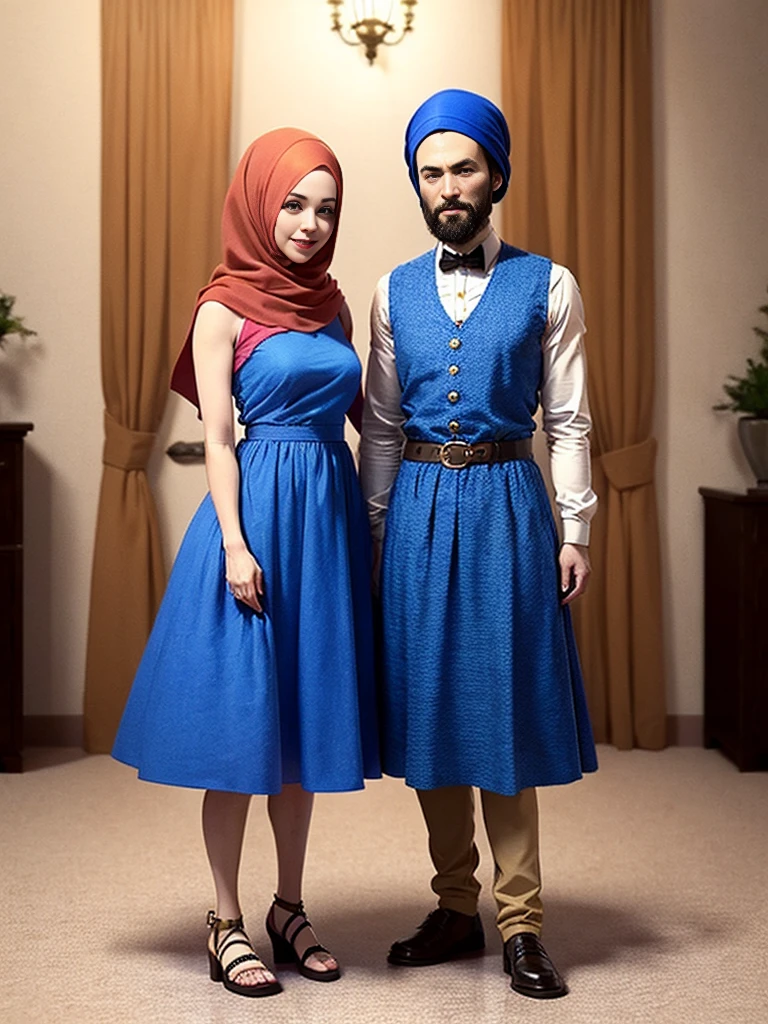 3d caricature, in an elegant room with beautifully decorated walls, there stood two people celebrating a formal event.  The first person on the left is wearing a traditional blue patterned shirt and beige trousers, complete with brown shoes.  Meanwhile, the second person on the right is wearing a long blue dress with gold accents and a matching hijab, combined with brown sandals.  They stood side by side, showing a special celebratory atmosphere. Very realistic, extreme details, photography, UHD 8k