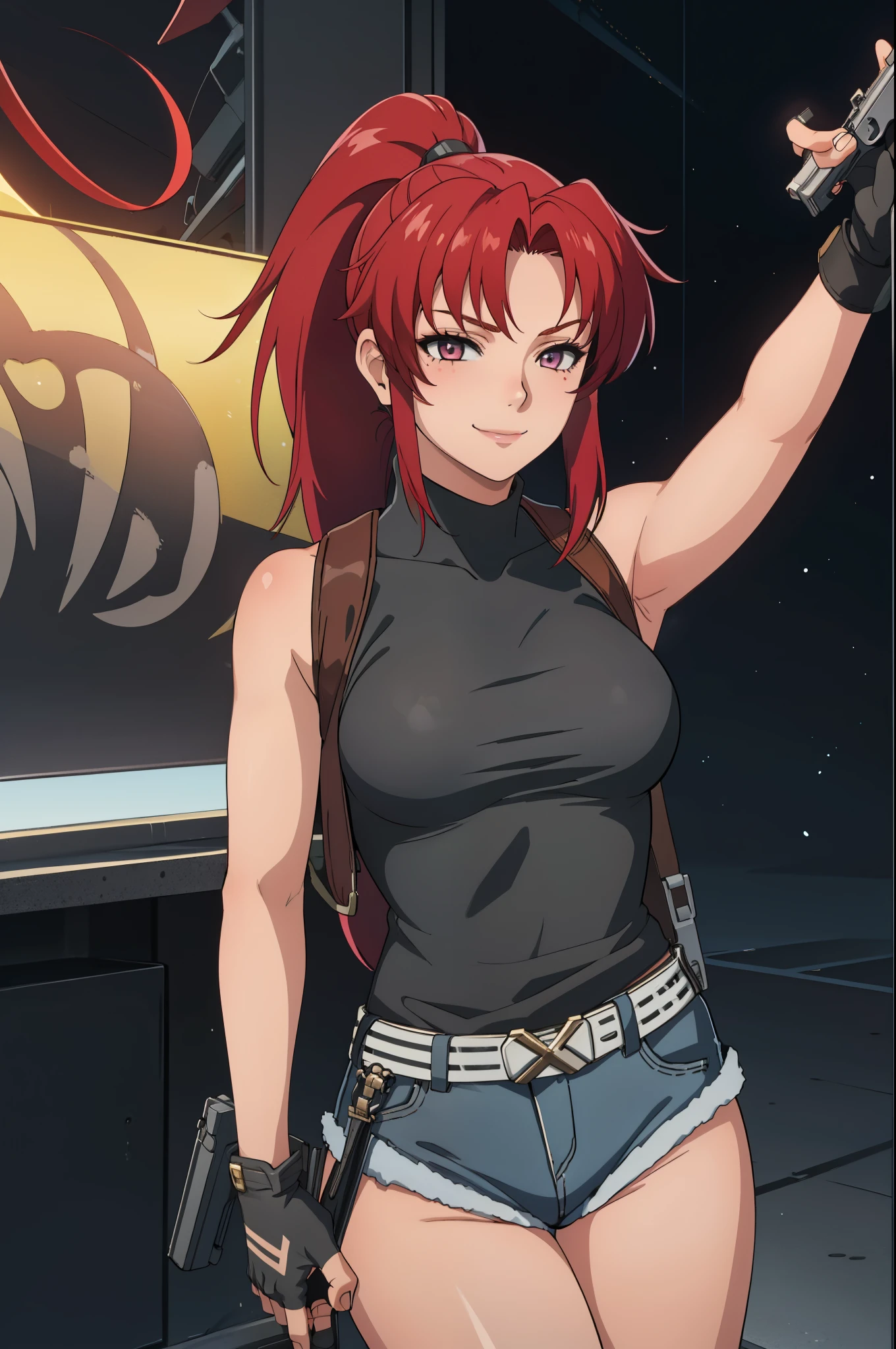 1girl, cute, sexy, red hair, cowboy shot, solo, revy, evil smile, holding gun, handgun, pistol, ponytail, tank top, fingerless gloves, denim shorts, holster, belt, newest