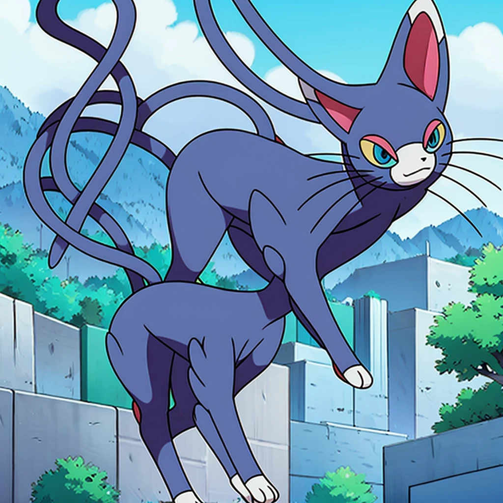 (masterpiece, best quality:1.2),solo,glameow \(pokemon\),pokemon \(creature\),full body,no humans,cat,blue eyes,grey fur,tail,city background