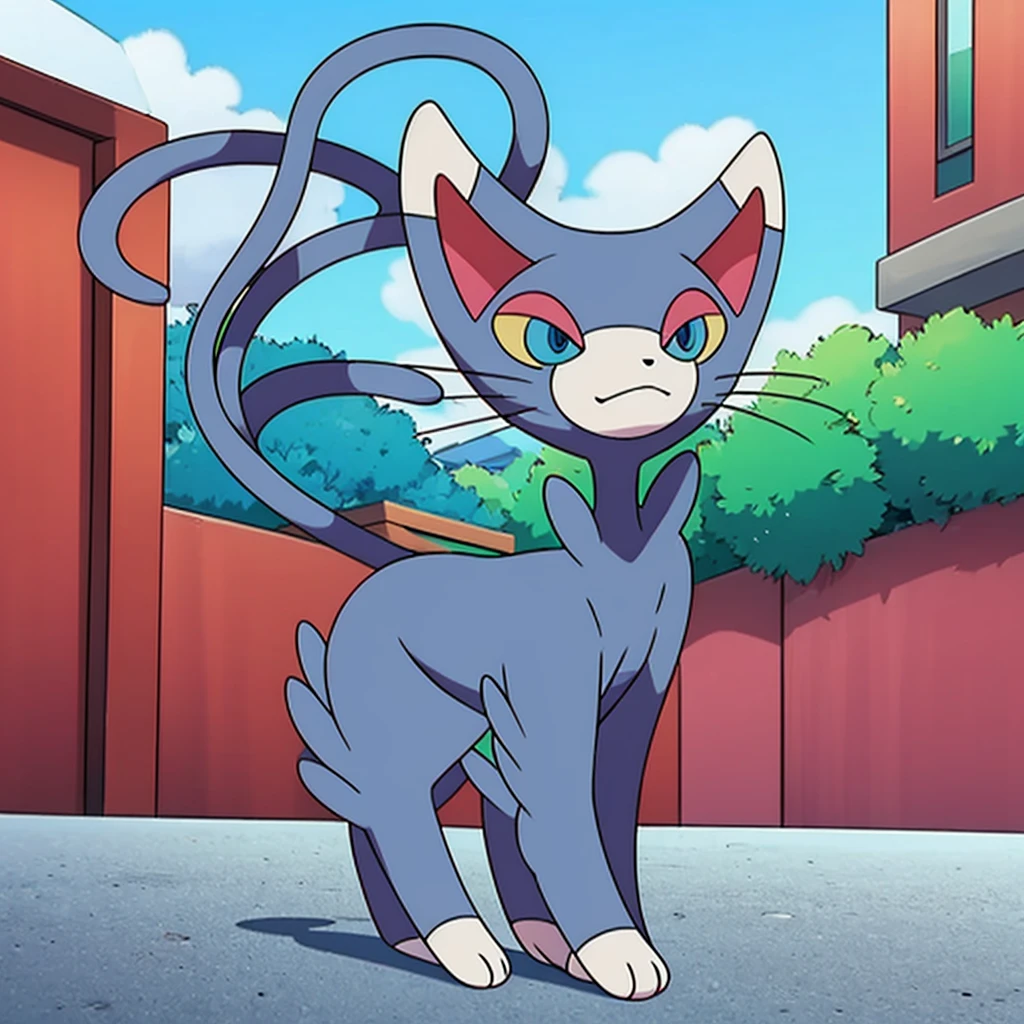 (masterpiece, best quality:1.2),solo,glameow \(pokemon\),pokemon \(creature\),full body,no humans,cat,blue eyes,grey fur,tail,city background