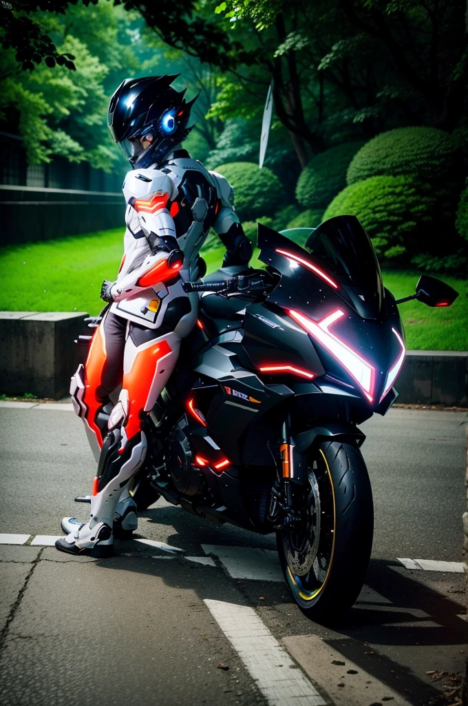 Handsome full body black mecha White short hair cyber handsome warrior, Black cybernetic motorcycle, High-tech black full face helmet, White short hair, Noel, biology, MSHN Staff, High-tech helmet, Surrealism, steel, Complex design, Crazy details, Fine details, The lines are very clear, Light, Photorealism, A meticulous masterpiece