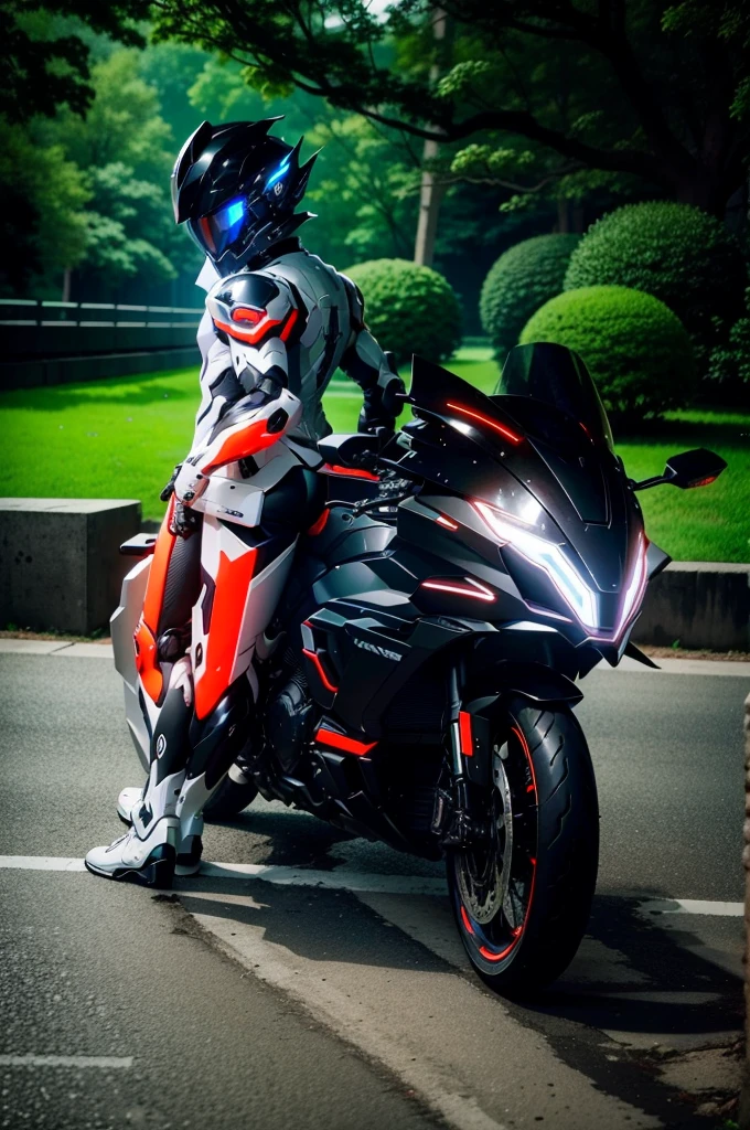 Handsome full body black mecha White short hair cyber handsome warrior, Black cybernetic motorcycle, High-tech black full face helmet, White short hair, Noel, biology, MSHN Staff, High-tech helmet, Surrealism, steel, Complex design, Crazy details, Fine details, The lines are very clear, Light, Photorealism, A meticulous masterpiece