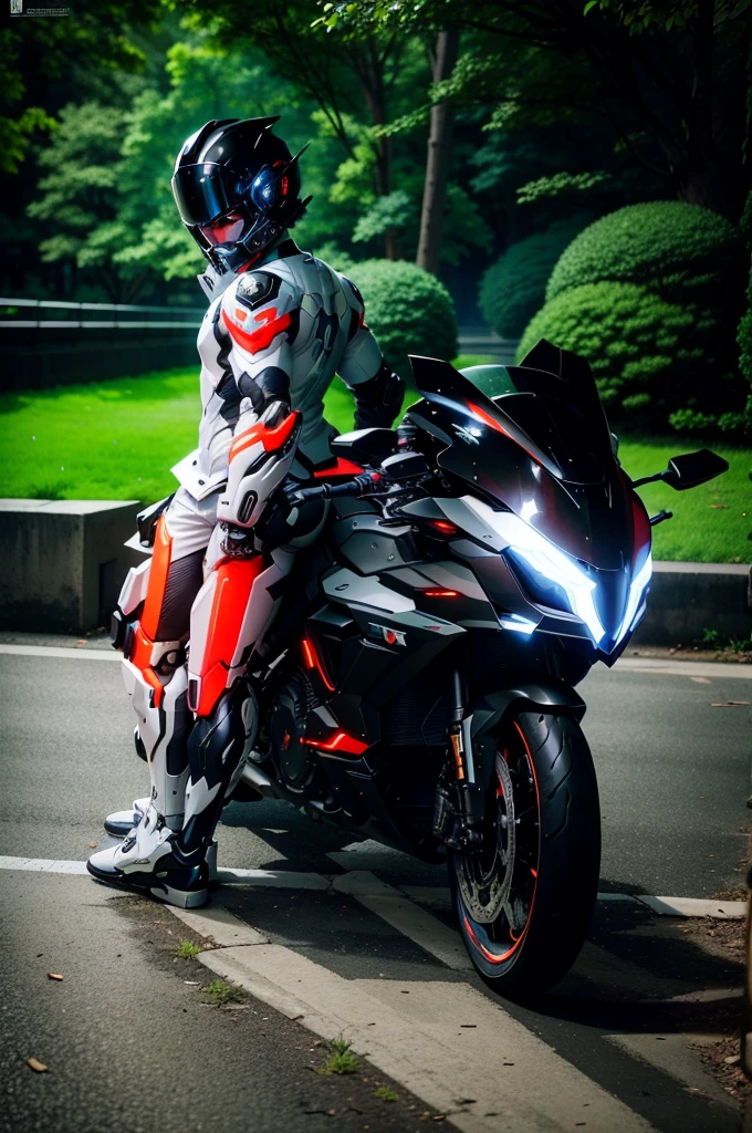 Handsome full body black mecha White short hair cyber handsome warrior, Black cybernetic motorcycle, High-tech black full face helmet, White short hair, Noel, biology, MSHN Staff, High-tech helmet, Surrealism, steel, Complex design, Crazy details, Fine details, The lines are very clear, Light, Photorealism, A meticulous masterpiece