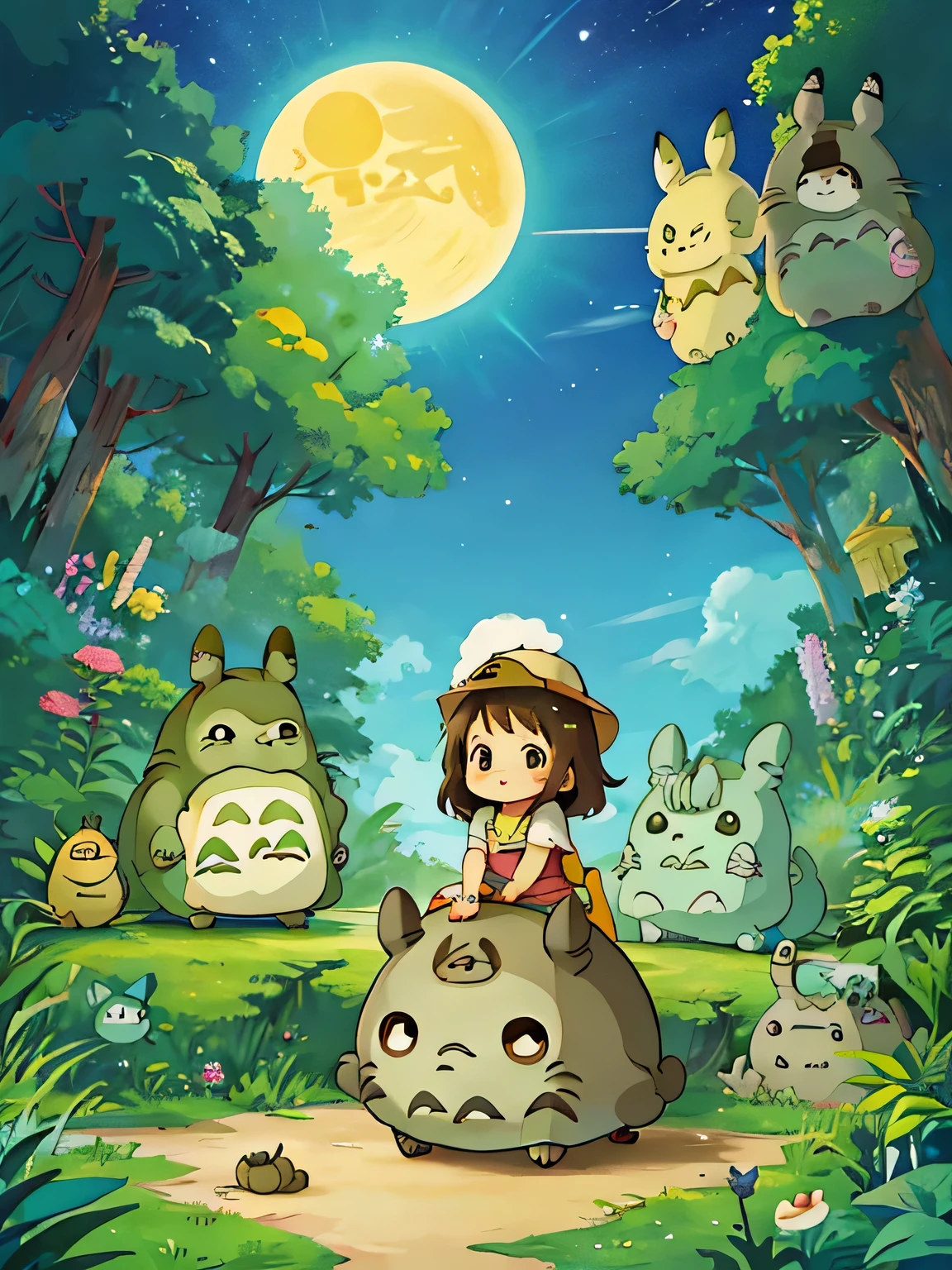 Hayao Miyazaki style、Kawaii Design, most beautiful girl ever、Chibi, (((expedition)))、((Egyptian mummy)), Pikachu, (((Totoro))), Lunar Surface, Colorful and cute pillbugs, Makkurokurosuke