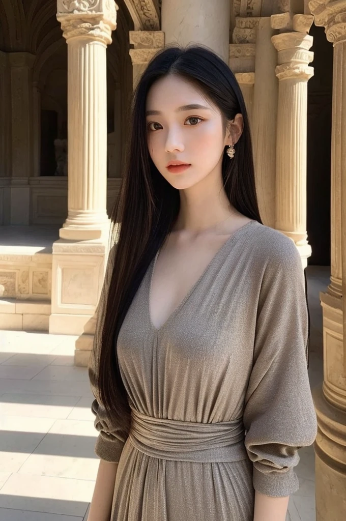 a beautiful 22 year old girl, gray eyes, pale porcelain skin, slim elegant figure, warm gentle smile, long flowing black hair, fashionable elegant dress, photo taken by a professional ultra-realistic camera, at an ancient ornate temple, dramatic lighting, intricate architecture, ornate details, atmospheric mood, cinematic composition, photorealistic, masterpiece, 8k, highly detailed, sharp focus, vivid colors, chiaroscuro lighting