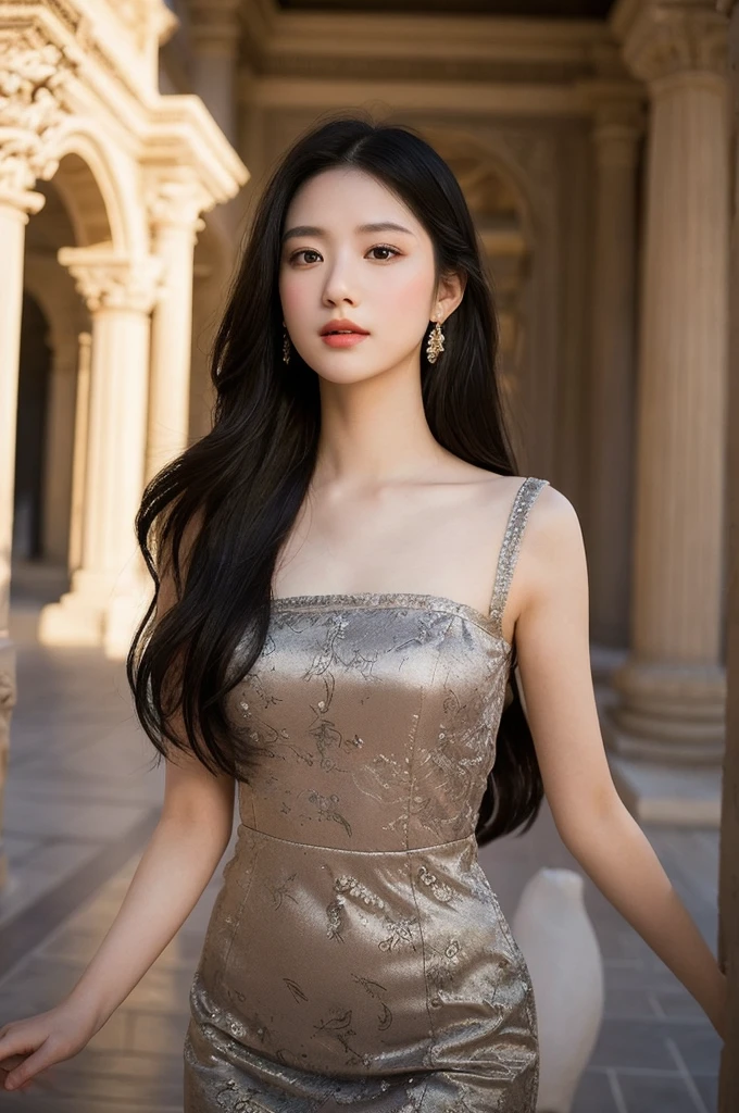 a beautiful 22 year old girl, gray eyes, pale porcelain skin, slim elegant figure, warm gentle smile, long flowing black hair, fashionable elegant dress, photo taken by a professional ultra-realistic camera, at an ancient ornate temple, dramatic lighting, intricate architecture, ornate details, atmospheric mood, cinematic composition, photorealistic, masterpiece, 8k, highly detailed, sharp focus, vivid colors, chiaroscuro lighting