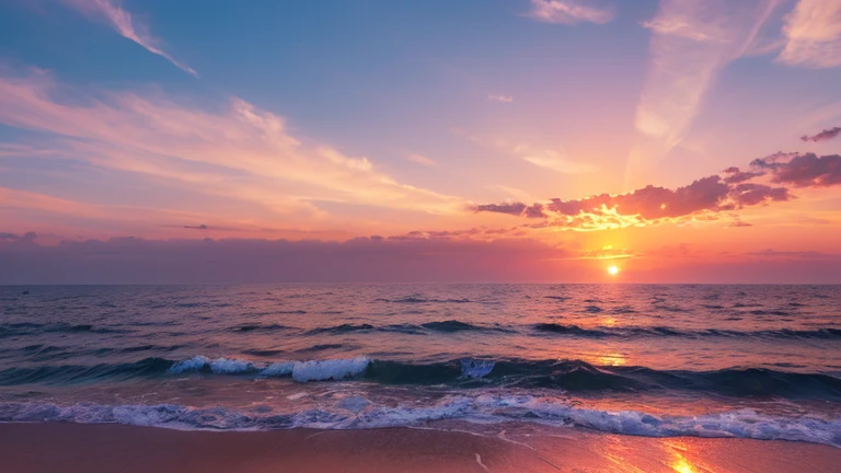 masterpiece, Highest quality, Real,Ocean,Beautiful sunrise,Asahi,Pink Sky