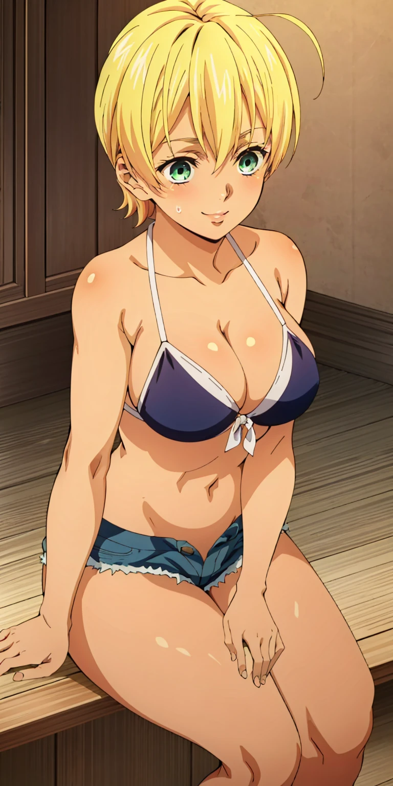 tall body, tall, long legs, mature female, mature, adult, Shokugeki_Ikumi, 1girl, breasts, solo, green eyes, blonde hair, navel, short hair, midriff, ahoge, dark-skinned female, huge breasts, dark skin, hair between eyes, bangs, shiny, High quality, High resolution, Fine details), solo, curvy women, sparkling eyes, (Detailed eyes), Oily skin, shallow depth of field, denim shorts, micro shorts, open fly, waist lines, lowleg shorts, lowleg, ((sitting sideways on tatami)),((Solo)), trending on artstationh,intricate face details, vibrant, 4K, 12k resolution, masterpiece, best quality, highly detailed, (high quality:1.2),ultra-detailed,beautiful detailed eyes,beautiful detailed lips,extremely detailed eyes and face,gorgeous and attractive girl,natural beauty,seductive gaze,feminine figure,curvaceous body,alluring expression,evening shadows,glowing skin,vibrant colors,soft lighting,vintage photography style,subtle and sophisticated atmosphere, horny, blush, steam, sweat, oily skin, lustful, horny, extremely horny, seductive, lips, looking at viewer, smile, solo, sweat, japanese room, solo, micro bikini, bikini, breasts, cleavage, belly, short top, bare shoulders,
