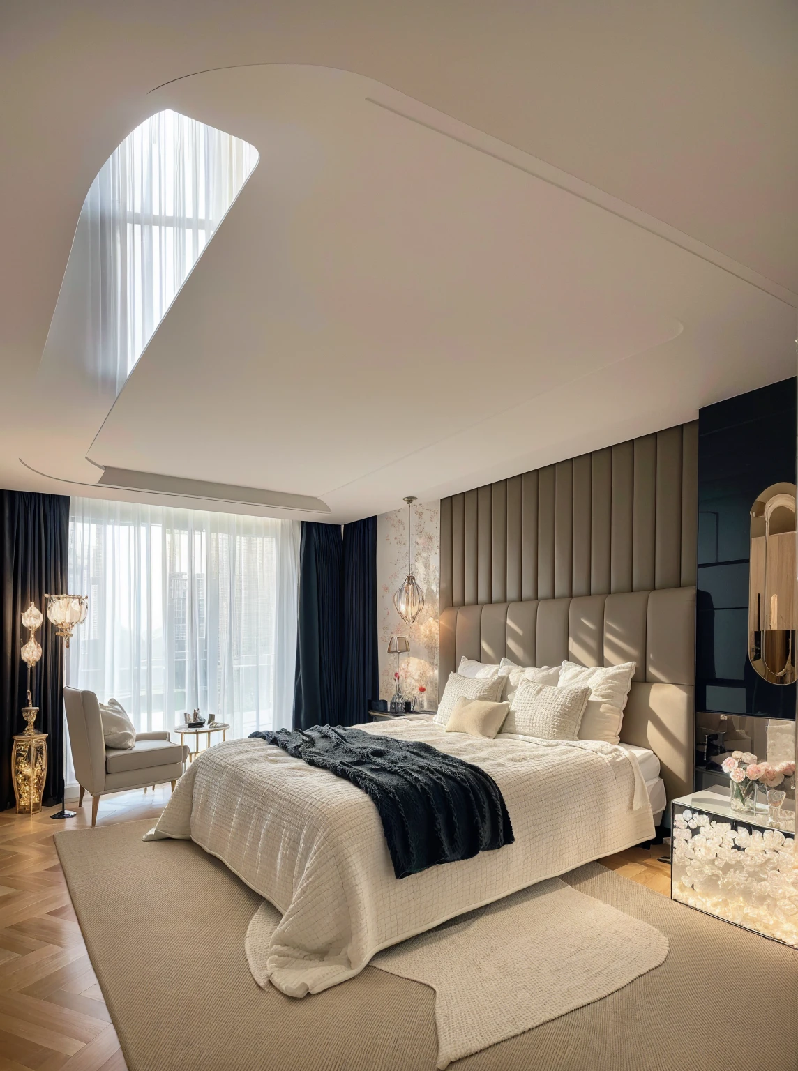 RAW photo of The bedroom becomes a showcase for exquisite works of art , masterpiece, best quality, 8k, ultra highres, In a décor style, On the wall hangs a huge oil painting, The colorful flowers exude a gorgeous fragrance in the shimmering light, On the bedside table are carefully carved crystal vases, Inside it are blooming red roses, The walls are inlaid with black glass，The shimmering light creates a mysterious and romantic atmosphere, A pair of sculptural figures stand at the end of the bed, They seem to be whispering vows of love, Every corner of this bedroom is a unique work of art like being in a dreamy art world
