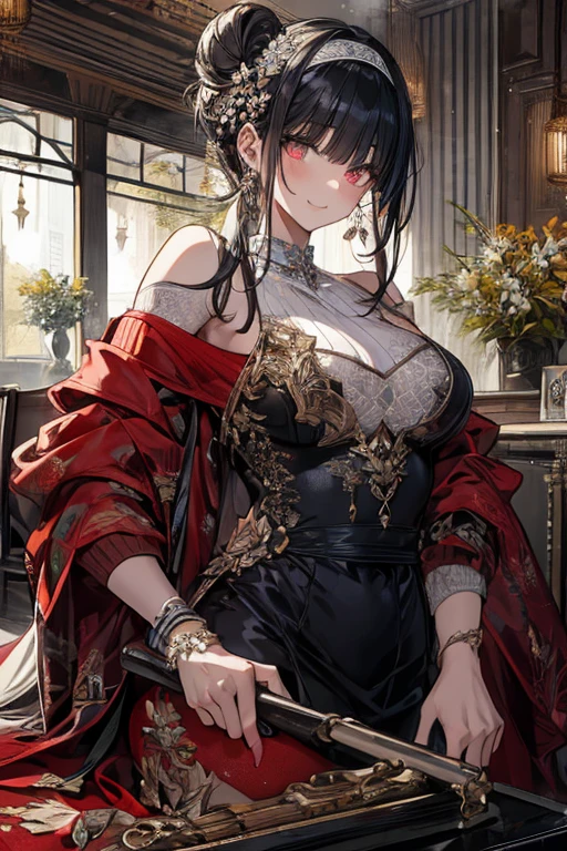 whole body, Gothic red dress, vampire, (in castle), creepy smile, absurdres, RAW photo, extremely delicate and beautiful, masterpiece, Best Quality, ultra high resolution, 32k, hyperrealistic, ultra-detailed, detailed description, pale skin, 20 years old, detailed beautiful face and eyes, tearful mole, earring, Colossal tits, short medium hair, wavy hair,