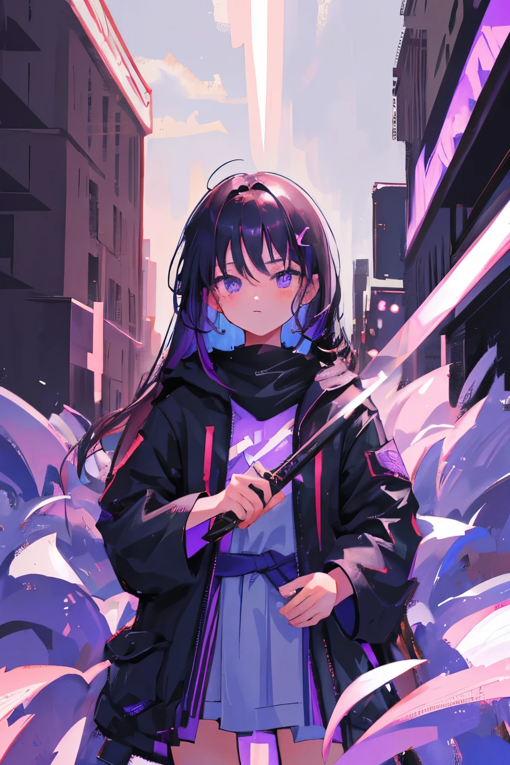 A girl. She has black and violet hair. And her hair is not long. She . She is using her powers with her katana