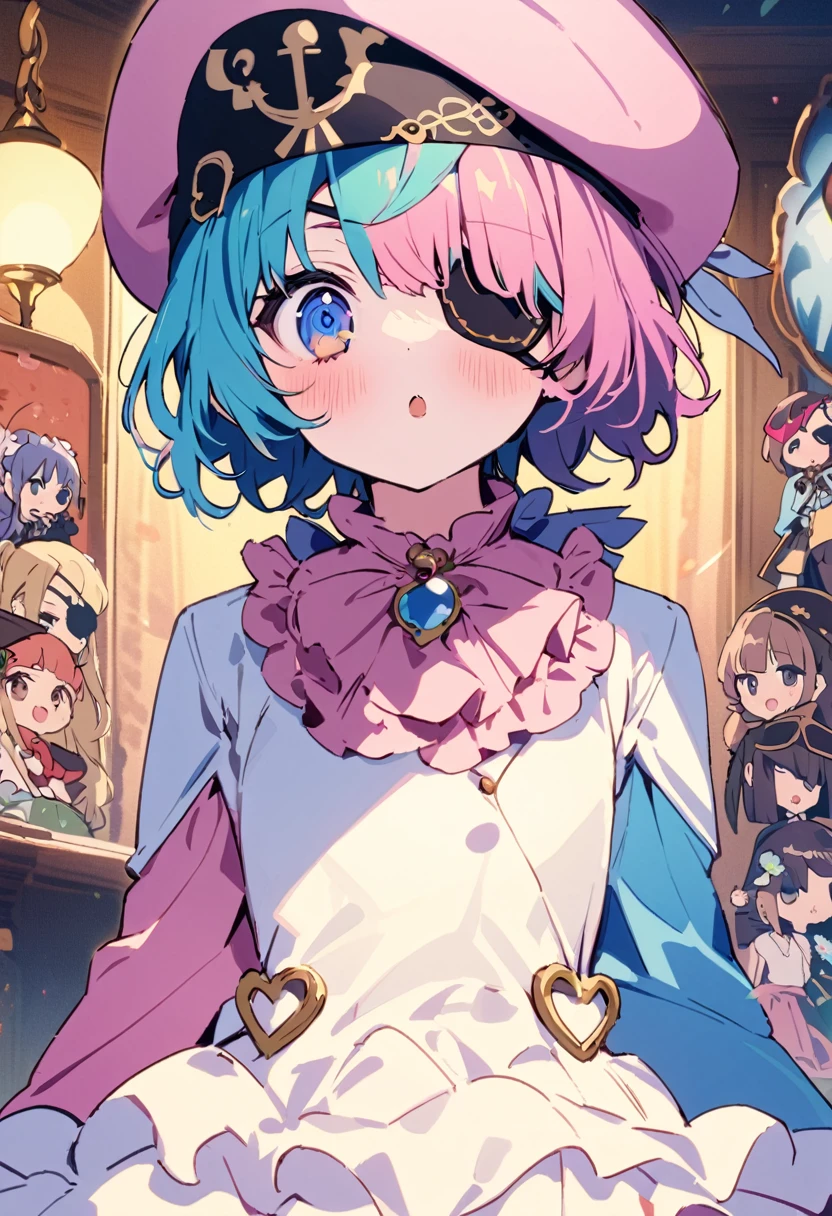 masterpiece, Highest quality, Illustration of the novel, High resolution, 18+ Adult content, Sensual, Intimate, Emotional, Passionate, romantic, sweet, Adorable, Innocent, Pure, Charmな, Charmな, Charm, mysterious, Charmな, Charmな, Immersive, Charmな, dream-like, Surreal, Imaginative, Whimsical, Artistic, Avant-garde, timeless, elegant, Sophisticated, chic, Sophisticated, personality, original, Charmな,((Loli Pirate:1.3)),((Eye patch:1.3))、((Upper Body:1.3))
