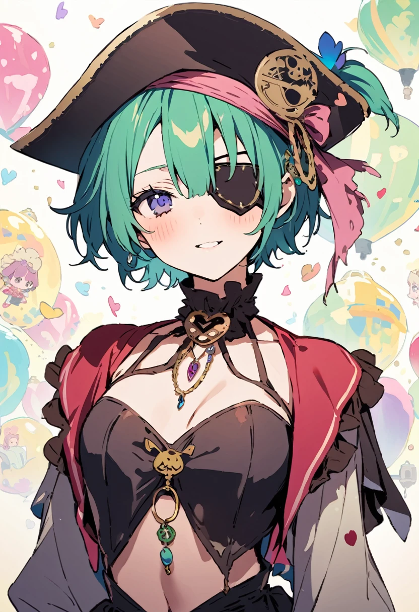 masterpiece, Highest quality, Illustration of the novel, High resolution, 18+ Adult content, Sensual, Intimate, Emotional, Passionate, romantic, sweet, Adorable, Innocent, Pure, Charmな, Charmな, Charm, mysterious, Charmな, Charmな, Immersive, Charmな, dream-like, Surreal, Imaginative, Whimsical, Artistic, Avant-garde, timeless, elegant, Sophisticated, chic, Sophisticated, personality, original, Charmな,((Loli Pirate:1.3)),((Eye patch:1.3))、((Upper Body:1.3))