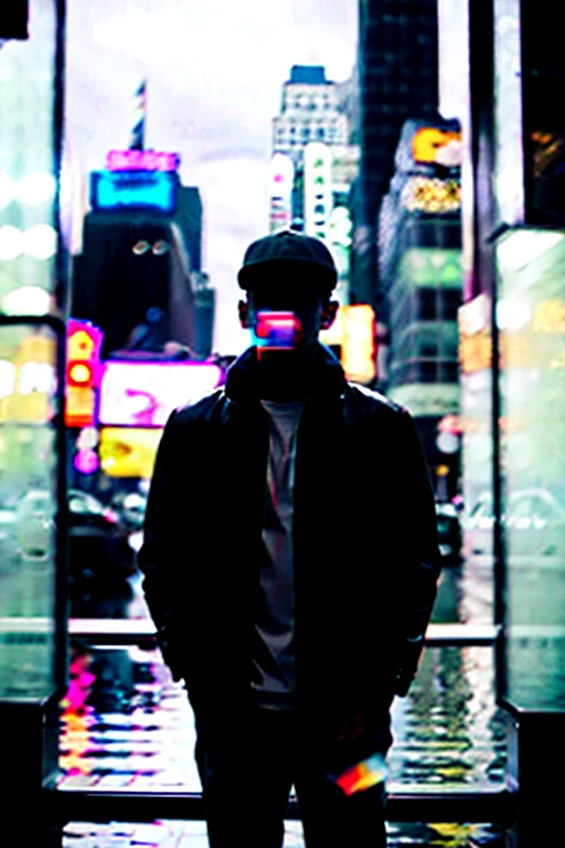 photo of a men in new york, cooltoned color grading, rainy,
shot on a canon EOS --ar 16:9