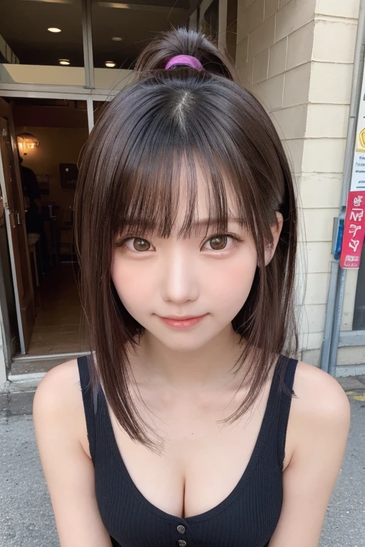 One Girl, (beautiful girl, Delicate girl:1.3), (14 years old:1.3), break, Exceptional clarity, (Symmetrical eyes:1.3), break, (Street Snap:1.3), perfectly trimmed fingers, break, Large Breasts, Brown eyes, Parted bangs, Brown Hair, break, (Eye and facial details:1.0), break, (masterpiece, Highest quality, Very detailed, Detailed face, 8k)、Highest quality、Beautiful woman、Wearing a sleeveless black top and skirt、A shy smile、Solar Illumination、Long Hair、Browsing Caution、ponytail、Adult
