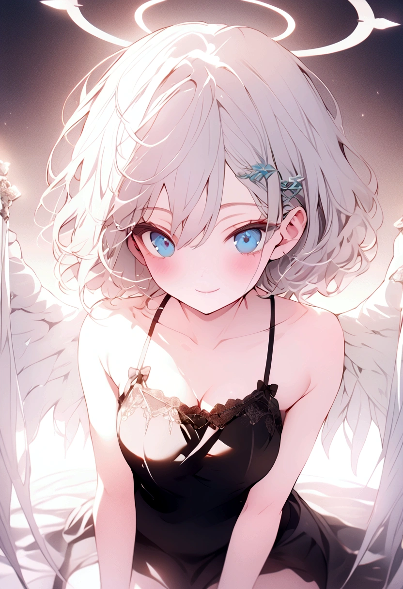 beautiful, masterpiece, Highest quality, anime, One girl, C Cup,Portrait Shot, View your viewers, Intricate details,>,((Covered、Short Hair、nearby、Blue Eyes、art、、White hair,Blue streaked hair、wallpaper、、white_gloves、hairpin、smile、Angel、Thighs、Halo、Wolf Cut、lotion、Lying on your back、side、camisole