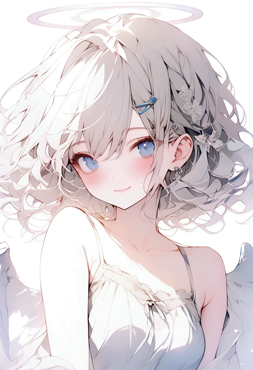 beautiful, masterpiece, Highest quality, anime, One girl, C Cup,Portrait Shot, View your viewers, Intricate details,>,((Covered、Short Hair、nearby、Blue Eyes、art、、White hair,Blue streaked hair、wallpaper、、white_gloves、hairpin、smile、Angel、Thighs、Halo、Wolf Hair、、lotion、Lying on your back、side、Nipples