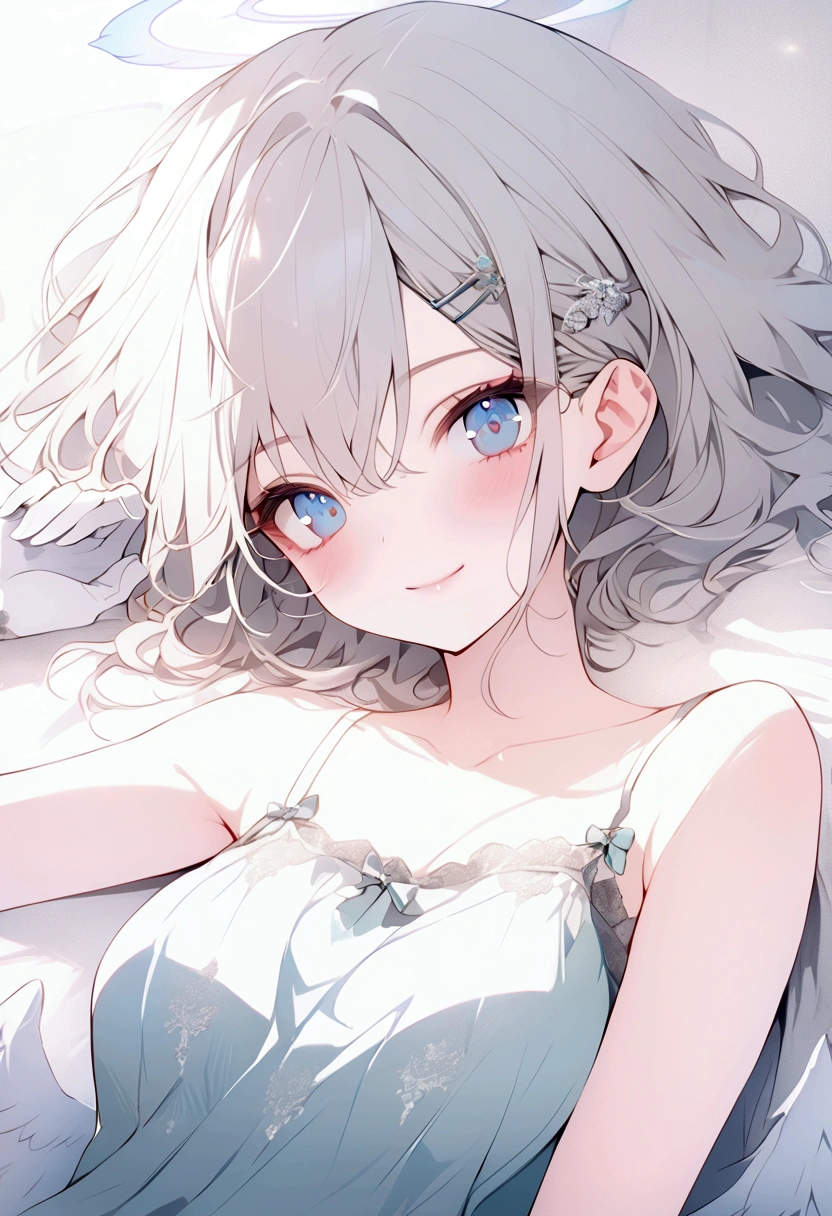 beautiful, masterpiece, Highest quality, anime, One girl, C Cup,Portrait Shot, View your viewers, Intricate details,>,((Covered、Short Hair、nearby、Blue Eyes、art、、White hair,Blue streaked hair、wallpaper、、white_gloves、hairpin、smile、Angel、Thighs、Halo、Wolf Cut、lotion、Lying on your back、side、camisole