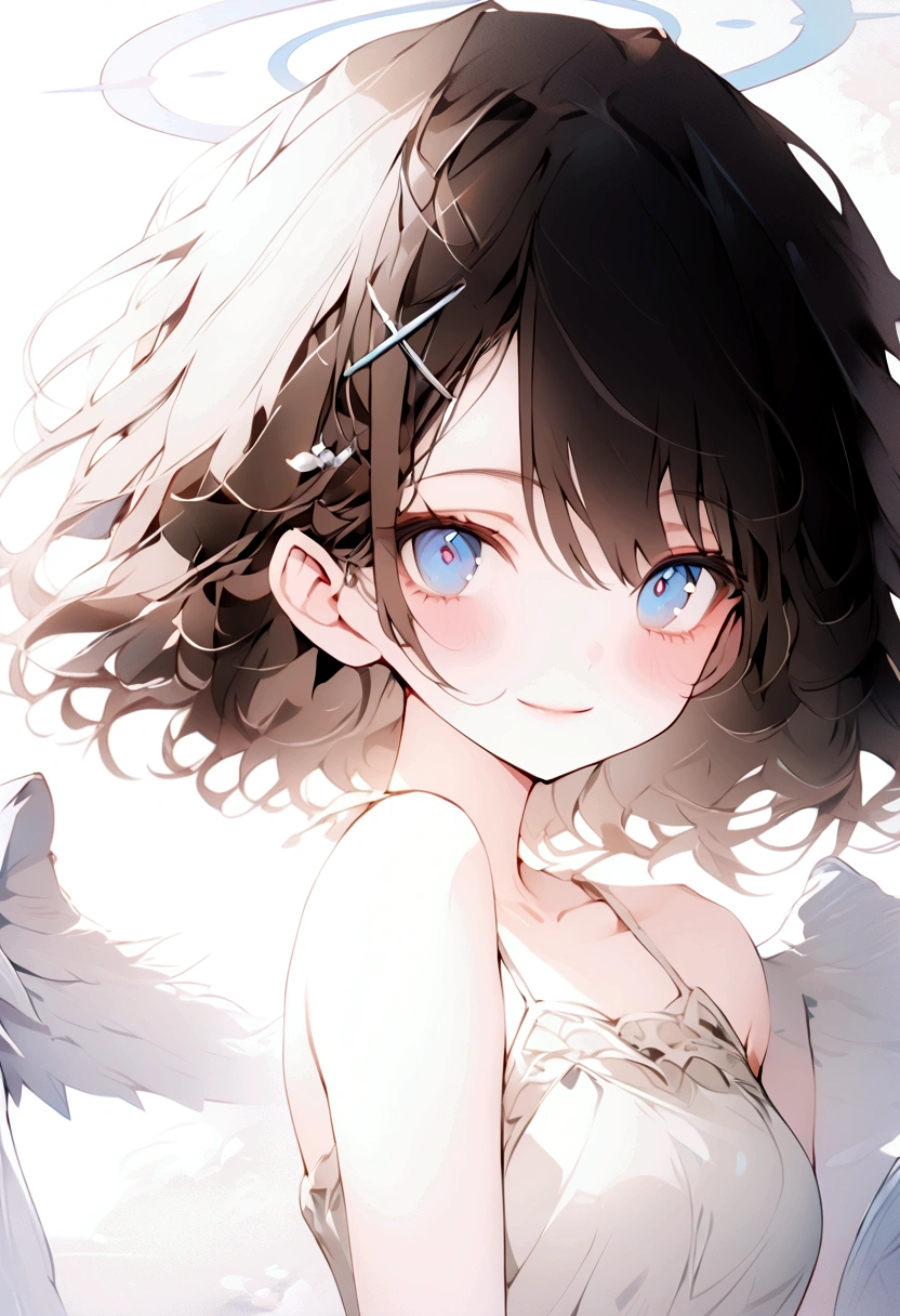 beautiful, masterpiece, Highest quality, anime, One girl, C Cup,Portrait Shot, View your viewers, Intricate details,>,((Covered、Short Hair、nearby、Blue Eyes、art、、White hair,Blue streaked hair、wallpaper、、white_gloves、hairpin、smile、Angel、Thighs、Halo、Wolf Cut、lotion、Lying on your back、side、camisole