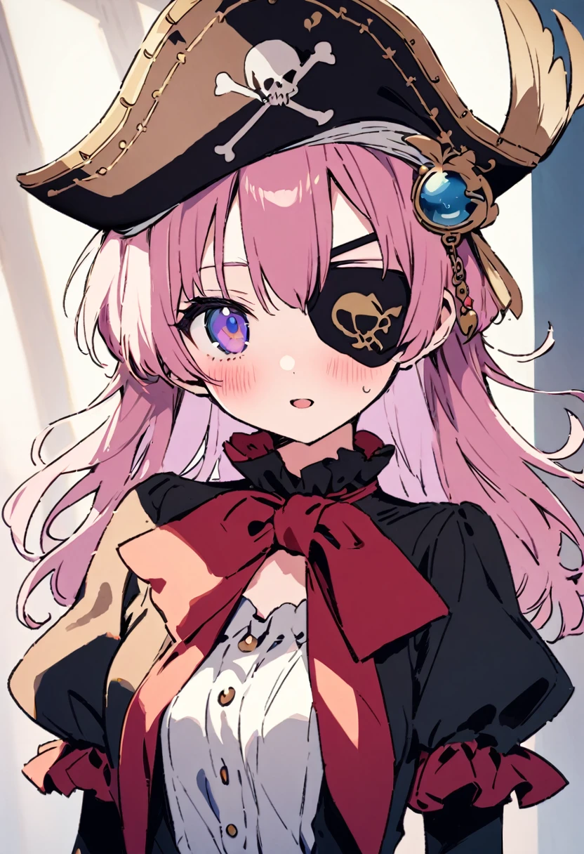 masterpiece, Highest quality, Illustration of the novel, High resolution, 18+ Adult content, Sensual, Intimate, Emotional, Passionate, romantic, sweet, Adorable, Innocent, Pure, charmな, charmな, charm, mysterious, charmな, charmな, Immersive, charmな, dream-like, Surreal, Imaginative, Whimsical, Artistic, Avant-garde, timeless, elegant, Sophisticated, chic, Sophisticated, Personality, original, charmな,((Change the pirate:1.3)),((Eye patch:1.3))、((Upper Body:1.3))