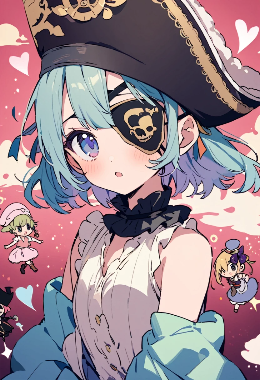 masterpiece, Highest quality, Illustration of the novel, High resolution, 18+ Adult content, Sensual, Intimate, Emotional, Passionate, romantic, sweet, Adorable, Innocent, Pure, Charmな, Charmな, Charm, mysterious, Charmな, Charmな, Immersive, Charmな, dream-like, Surreal, Imaginative, Whimsical, Artistic, Avant-garde, timeless, elegant, Sophisticated, chic, Sophisticated, personality, original, Charmな,((Loli Pirate:1.3)),((Eye patch:1.3))、((Upper Body:1.3))