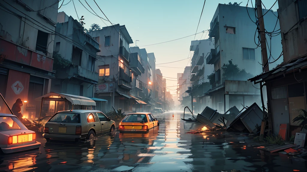 ((melhor qualidade)), ((Obra de arte)), ((detalhado)), BROKEN videogames (consoles) threw everywhere,  background is night, in a POSt apolcalyse cenario, of a destroyed city by flood, water and lame on the streets.  rust, vegetation and fungi present