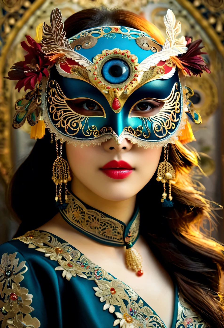 Having a book，There is a bookmark and an eye mask on it., with gorgeous detailed Eye, intricate mask, ornate mask and fabrics, Detailed Mask, intricate Eye, Complex artwork. neon Eye, Eye mask, fantastic detailed Eye, Masquerade masks, Beautifully detailed orixa, author：Lena Alexander, author：Anna Haifisch, Eye mask, Owl mask, Eye!