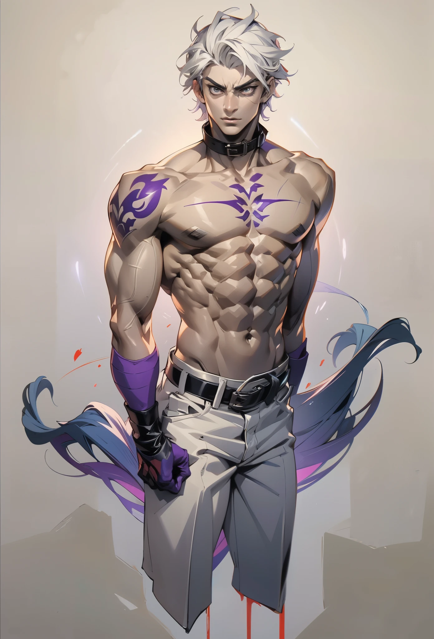 A young man with short gray hair, completely white skin, pale skin, resolute eyes, handsome face, serious expression, a metal collar around his neck, his upper body is bare, a slender yet muscular build, a purple demon tattoo is on his left shoulder, a black and white belt, cloth trousers, emitting a purple aura, he stands in a mining valley, the ground around him glowing red and cracking open, this character embodies a finely crafted fantasy-style slave warrior in anime style, exquisite and mature manga art style, dramatic, high definition, best quality, highres, ultra-detailed, ultra-fine painting, extremely delicate, professional, perfect body proportions, golden ratio, anatomically correct, symmetrical face, extremely detailed eyes and face, high quality eyes, creativity, RAW photo, UHD, 32k, Natural light, cinematic lighting, masterpiece-anatomy-perfect, masterpiece:1.5