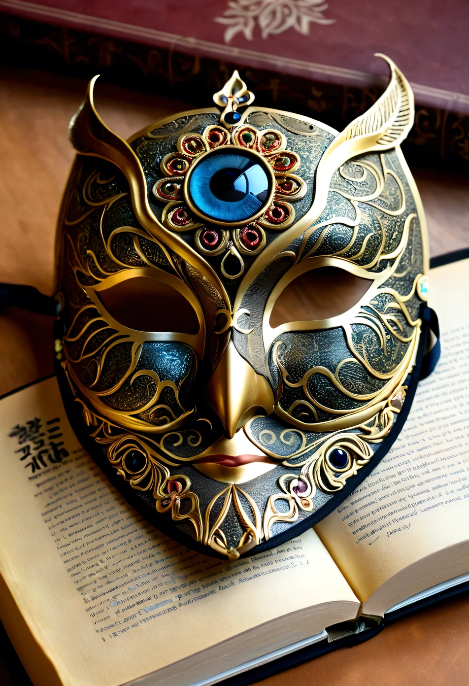 Having a book,There is a bookmark and an eye mask on it., with gorgeous detailed Eye, intricate mask, ornate mask and fabrics, Detailed Mask, intricate Eye, Complex artwork. neon Eye, Eye mask, fantastic detailed Eye, Masquerade masks, Beautifully detailed orixa, author:Lena Alexander, author:Anna Haifisch, Eye mask, Owl mask, Eye!