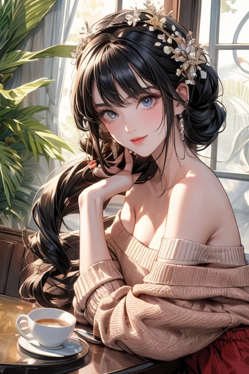 (((Masterpiece))),(((Super Detail))),(((in 8K))),(((best composition))),(((Rim lighting,Fireglow effect,deep shadow))),solo),Beautiful fingers,Detailed finger features,(Detailed hair features:1.7),(Dynamic and sexy bending pose:1.3),detailed facial features,detailed clothes features, (perky chest:1.1), (pointed chest:1.3), delicate beautiful face, Bright blue eyes, cute eyes, sparkling eyes, Big eyes, beautiful detailed eyes,double bun with glittering hair ornament:0.6,(super detailed glossy skin:1.3),slender body,goddess smile,((with sparkling eyes and a contagious smile)),beautiful posture,have a cup of coffee,black hair, red eyes, dress, bare shoulders, jewelry, collarbone, sidelocks, hairband, earrings, indoors, off shoulder, sweater, arms behind back, plant, short hair with long locks, white hairband, off-shoulder dress, sweater dress, off-shoulder sweater, red sweater, big side hair, very long side hair,(super delicate floral pattern:1.2),seductive cleavage:1.3,beautiful glossy legs,shiny red high heels,lifting dishes with cakesd,french restaurant,hustle and bustle,rising steam,(((depth of fields)))