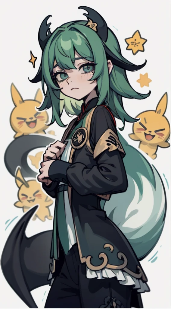 La mejor calidad: 1.0), (Super High Resolution: 1.0), Extremely detailed character, Manos extremadamente detalladas, Extremely detailed black dragon tail, cabello extremadamente detallado, pelo largo, Ojos extremadamente detallados, ojos amarillos, ojos de gato, 2d, Chica Tomboy, Arte del anime, Yin-yang symbol in the background of the half-blurred image, HuoHuo Honkai star Rail, fondo verde claro