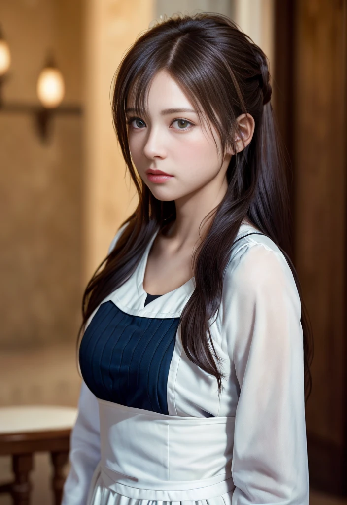 8K, of the highest quality, masutepiece:1.2), (Realistic, Photorealsitic:1.37), of the highest quality, masutepiece, Beautiful young woman, Pensive expression, Thoughtful look, Cute Maid Clothes, Hair tied back, Messy mood, Cinematic background, Tired, Light skin tone
