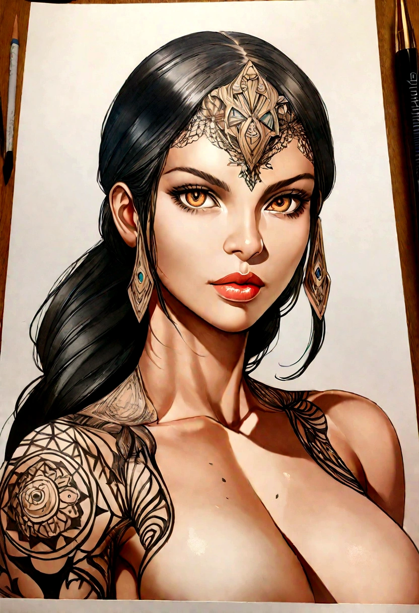 a beautiful attractive african american woman,(Aesthetic representation of Rosario Dawson as Ashoka Tano), nude skin, athletic physique, well-toned and fit body, slender, elegant form, nude skin, intricate detailed face, detailed eyes, detailed nose, detailed lips, hyper realistic, 8k, Coloring pages for adults, intricate and bold ink illustration, linhas incrivelmente detalhadas, desenho detalhado em preto e branco, arte em tinta,