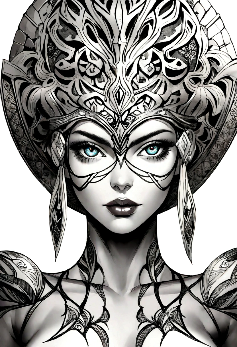 a beautiful attractive african american woman,(Aesthetic representation of Rosario Dawson as Ashoka Tano), nude skin, athletic physique, well-toned and fit body, slender, elegant form, nude skin, intricate detailed face, detailed eyes, detailed nose, detailed lips, hyper realistic, 8k, Coloring pages for adults, intricate and bold ink illustration, linhas incrivelmente detalhadas, desenho detalhado em preto e branco, arte em tinta,