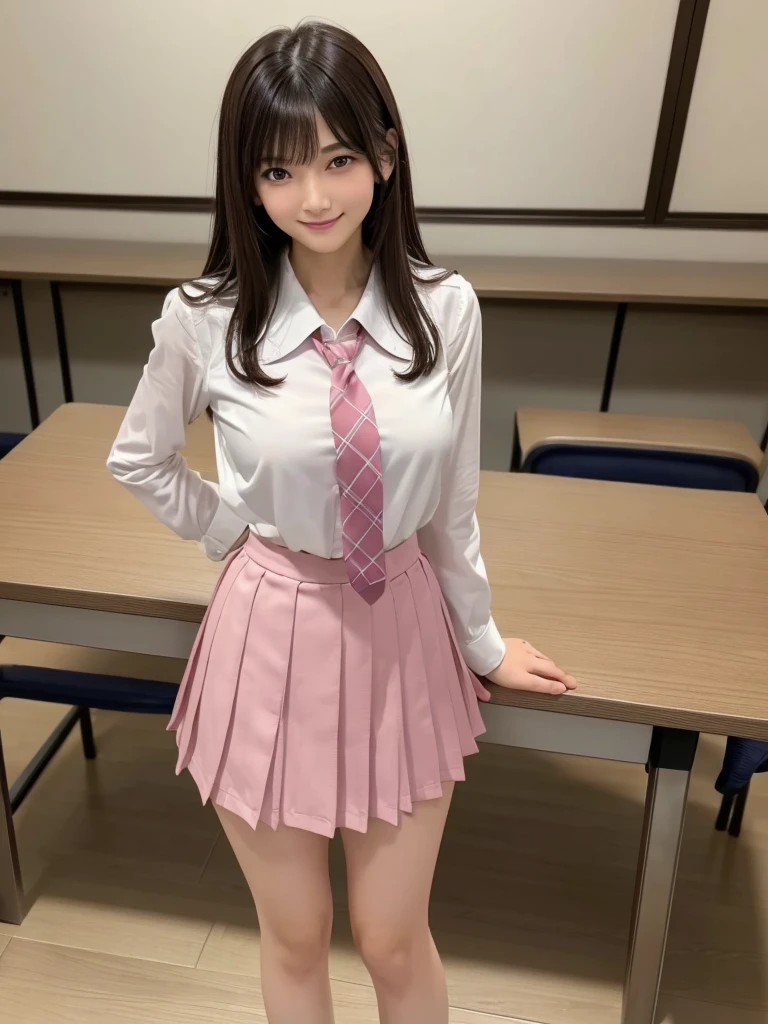 8K, Highest quality, The real picture, Intricate details, Very detailed, Ultra-high resolution, Depth Field,(Realistic,Realistic:1.2),Tabletop , ((Full Body Shot)) , ((Long, slender legs)), 1 girl, eye_Chan, Very beautiful 17 year old girl, innocent big eyes,、Beautiful breasts:1.5、非常に詳細なeye:1.2)、(Beautiful breasts:1.1)、((Brown Hair))、(Semi-long hair), Asymmetrical bangs, Perfect Skin, Fair skin, Small breasts, Tight waist, alone, Staring at the audience, (smile)、((School_uniform), (White shirt、Wear a tie), (Pink checkered pleated micro mini skirt), ((Fold your arms in front of your chest and act arrogantly)), ((楽しそうなsmile)), ((Perfect hand shape)), (Stand in the classroom)