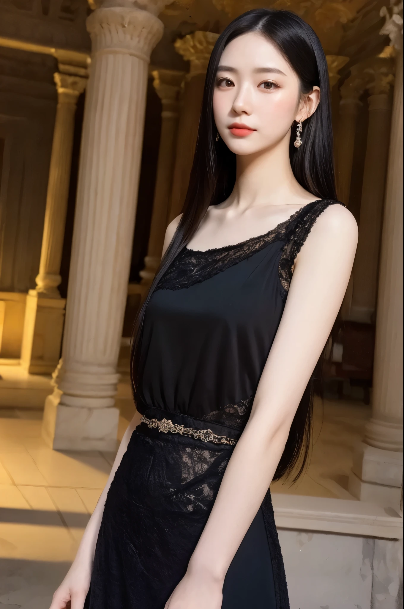 a beautiful 22 year old girl, gray eyes, pale porcelain skin, slim elegant figure, warm gentle smile, long flowing black hair, fashionable elegant dress, photo taken by a professional ultra-realistic camera, at an ancient ornate temple, dramatic lighting, intricate architecture, ornate details, atmospheric mood, cinematic composition, photorealistic, masterpiece, 8k, highly detailed, sharp focus, vivid colors, chiaroscuro lighting