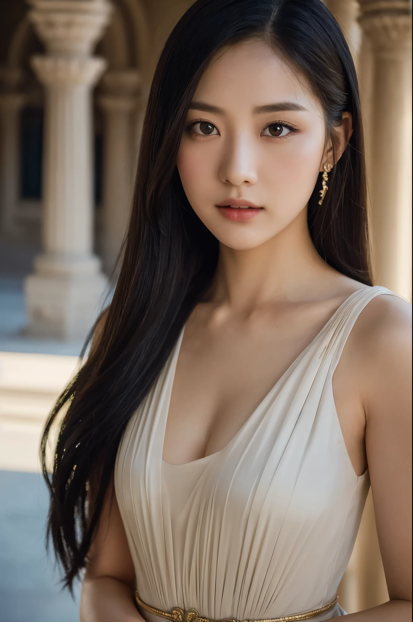 a beautiful 22 year old girl, gray eyes, pale porcelain skin, slim elegant figure, warm gentle smile, long flowing black hair, fashionable elegant dress, photo taken by a professional ultra-realistic camera, at an ancient ornate temple, dramatic lighting, intricate architecture, ornate details, atmospheric mood, cinematic composition, photorealistic, masterpiece, 8k, highly detailed, sharp focus, vivid colors, chiaroscuro lighting