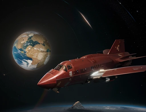 Uma equipe de cientistas e um general Carlos olham pela enorme janela da nave espacial o estranho planeta cinza e vermelho.