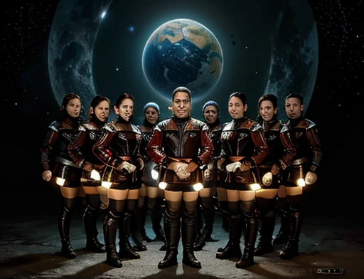 Uma equipe de cientistas e um general Carlos olham pela enorme janela da nave espacial o estranho planeta cinza e vermelho.