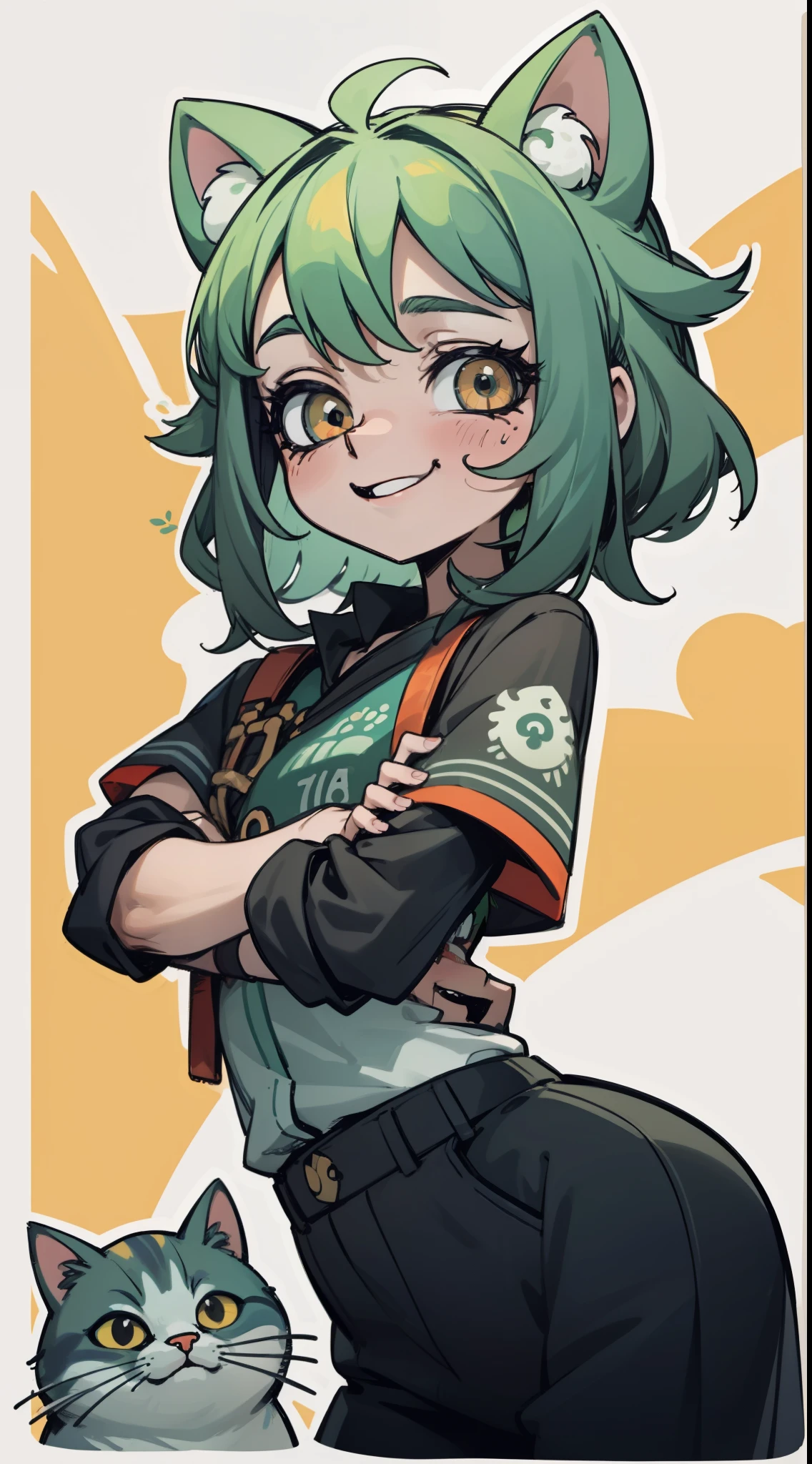 Timida, asustada, ojeras, fondo verde claro, sonrisa de gato , loli 