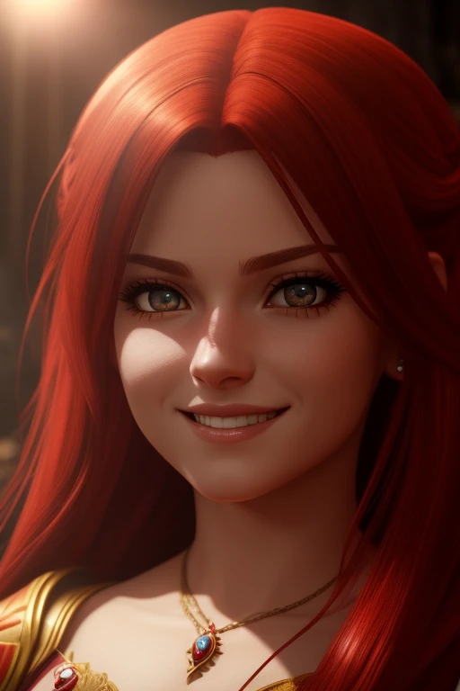 Princesa das trevas com os olhos de sangue, red hair, crown, evil smile, anime style, lens flare, high detail, first-person view, cinematic lighting, masterpiece, super detail, best quality, 8k, UHD
