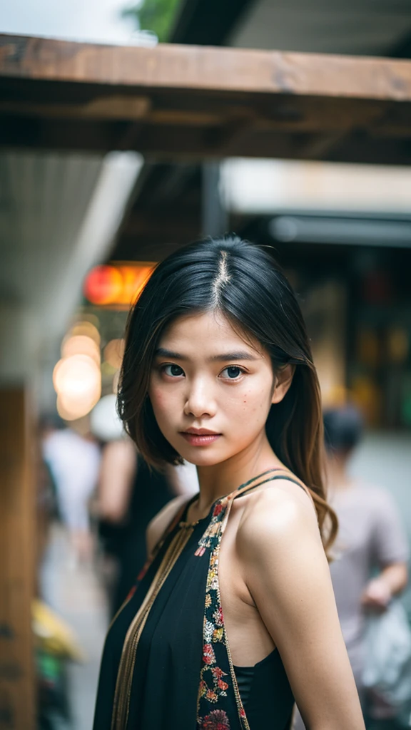 Cinematic Photo of a beautiful Indonesian fashion model bokeh train