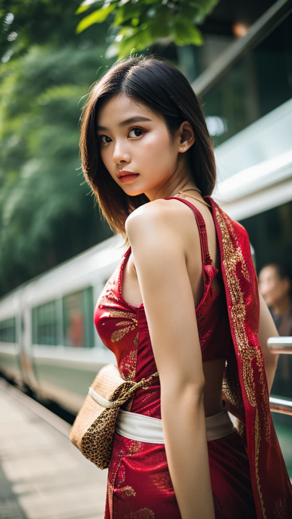 Cinematic Photo of a beautiful Indonesian fashion model bokeh train