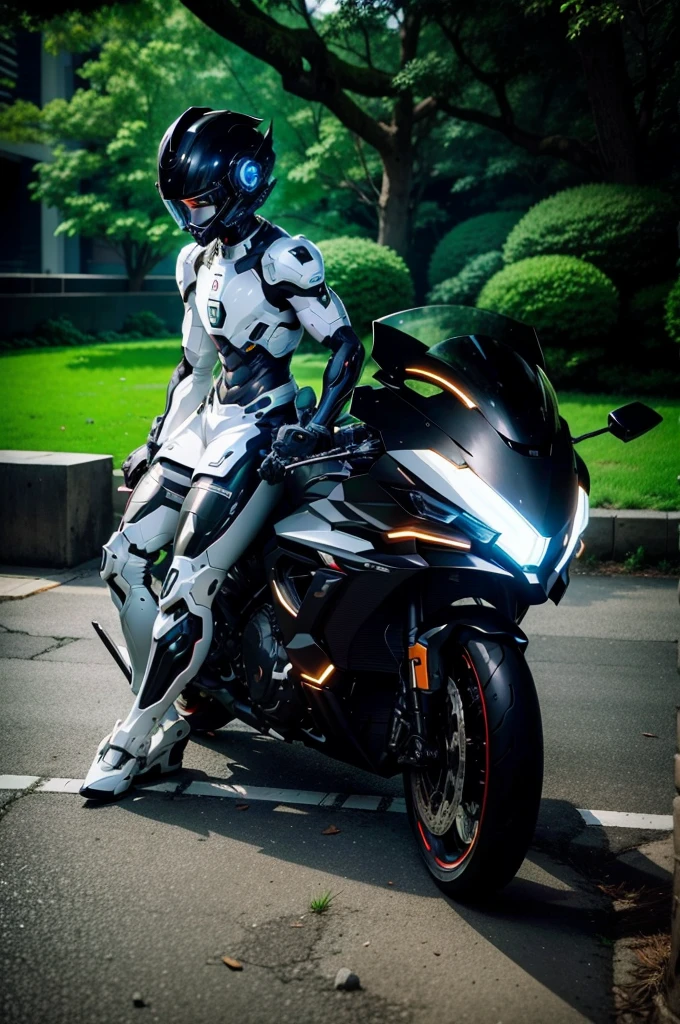 Handsome full body black mecha White short hair cyber handsome warrior, Black cybernetic motorcycle, High-tech black full face helmet, White short hair, Noel, biology, MSHN Staff, High-tech helmet, Surrealism, steel, Complex design, Crazy details, Fine details, The lines are very clear, Light, Photorealism, A meticulous masterpiece